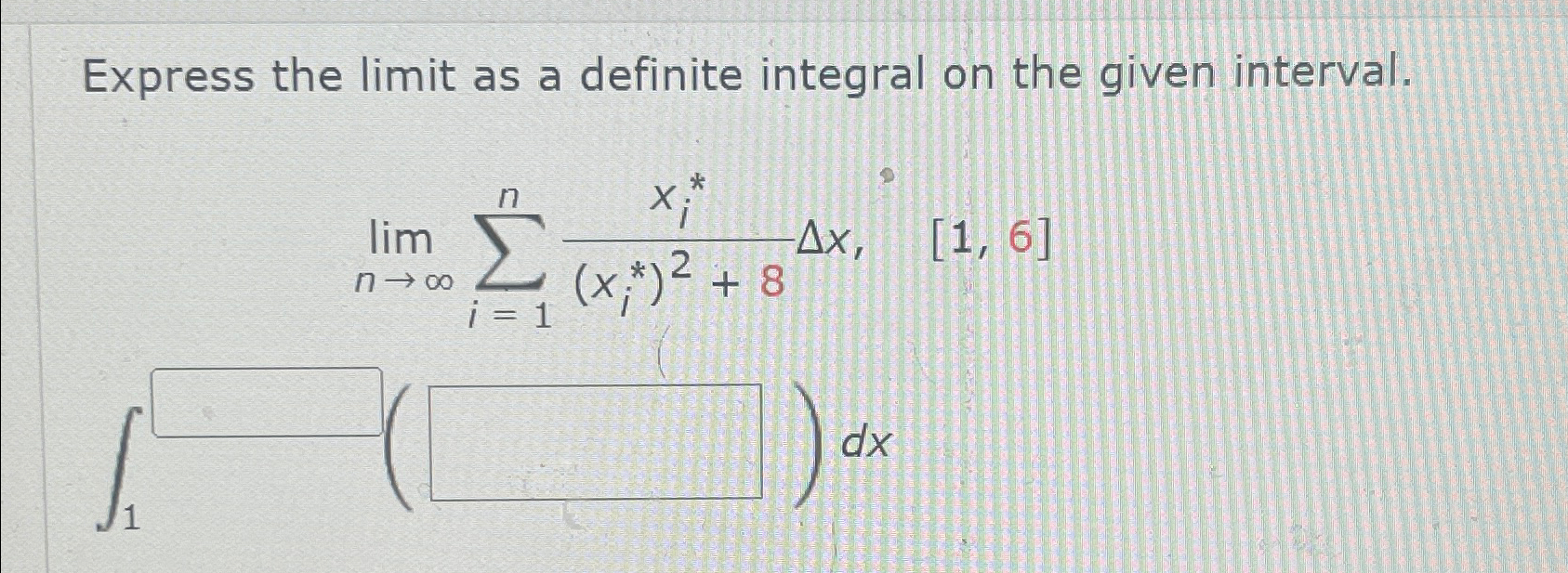 Solved Express the limit as a definite integral on the given | Chegg.com
