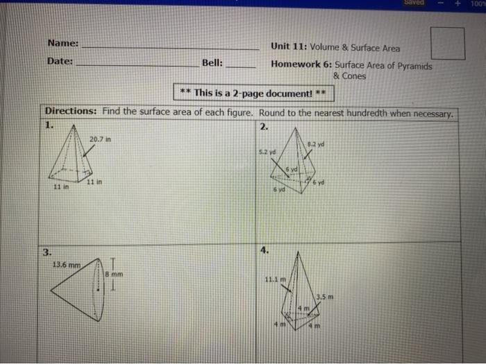 Solved Unit 11 volume surface Area Homework 6 Surface Area Chegg