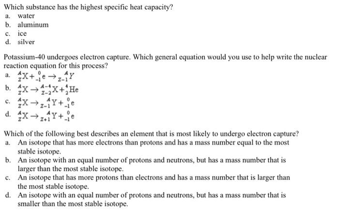 Which Of The 4 Substances Has The Highest Specific Heat Capacity