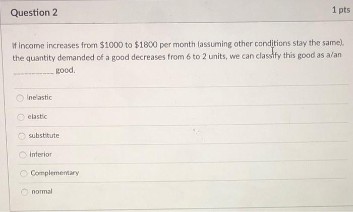 Solved 1 pts Question 1 If income decreases from $2000 to | Chegg.com
