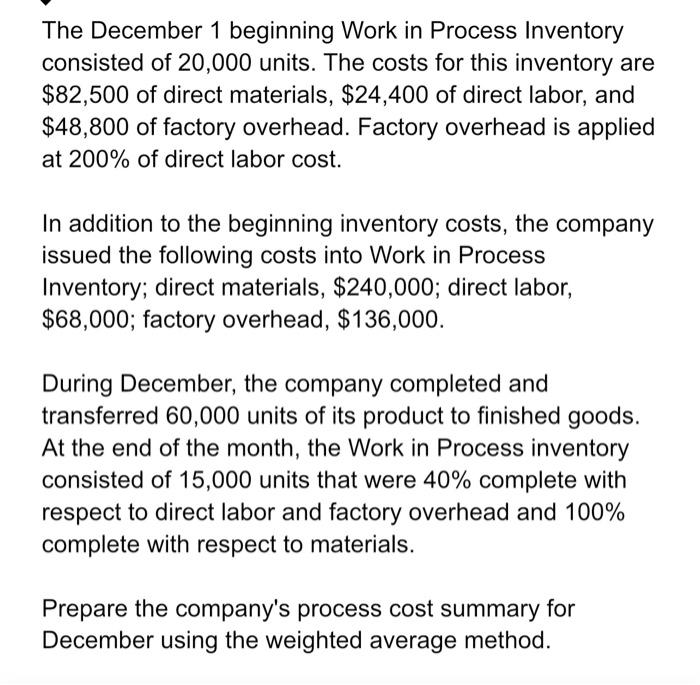 Solved The December 1 beginning Work in Process Inventory | Chegg.com