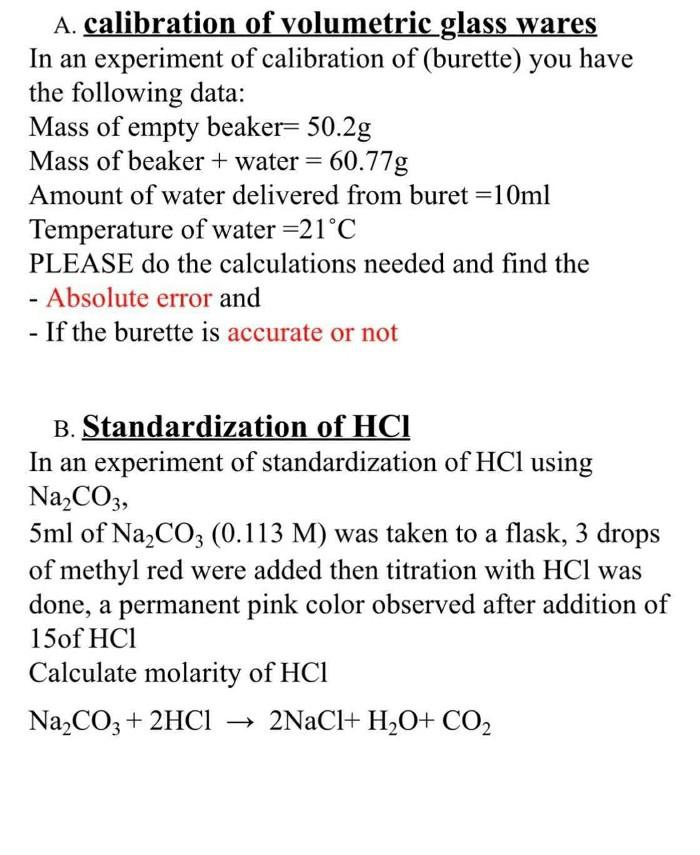 Solved A. calibration of volumetric glass wares In an