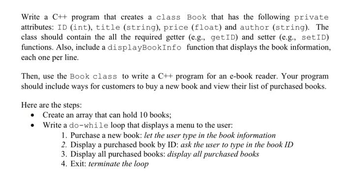 Solved Write a C++ program that creates a class Book that | Chegg.com