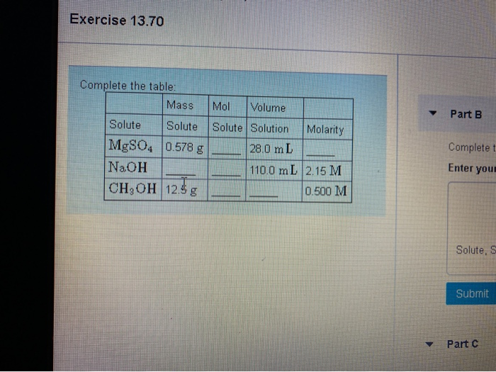 Solved Exercise 13.70 Complete the table Mass Mol Volume Chegg