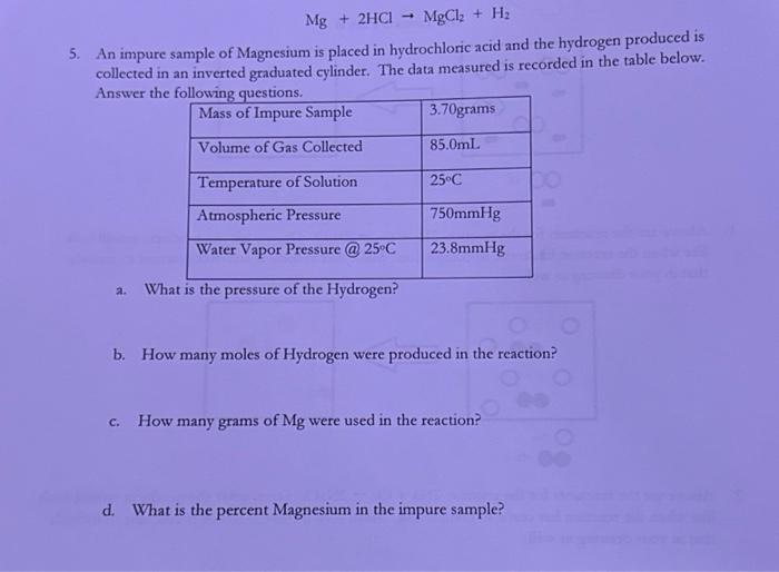 Mg+2HCl→MgCl2+H2 5. An impure sample of Magnesium is | Chegg.com