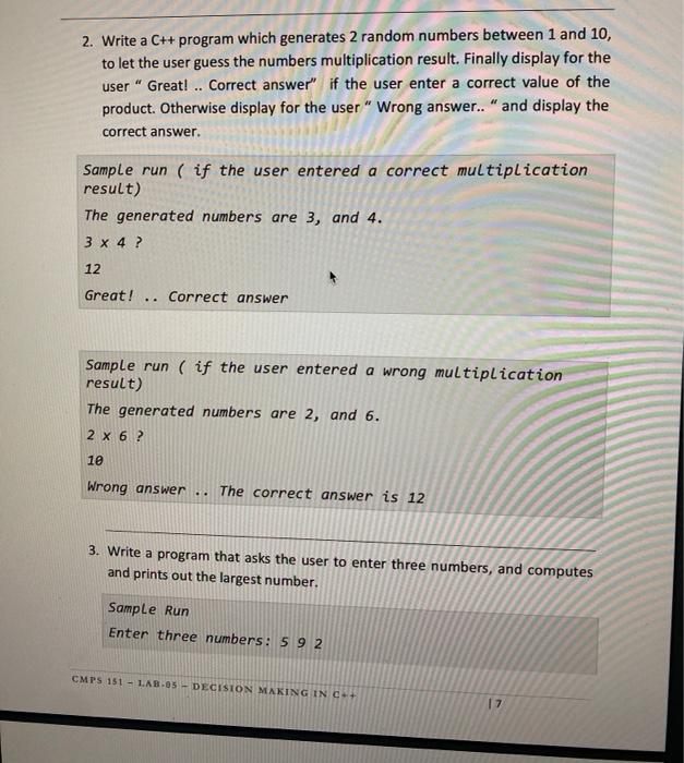 Solved 2. Write a C++ program which generates 2 random | Chegg.com
