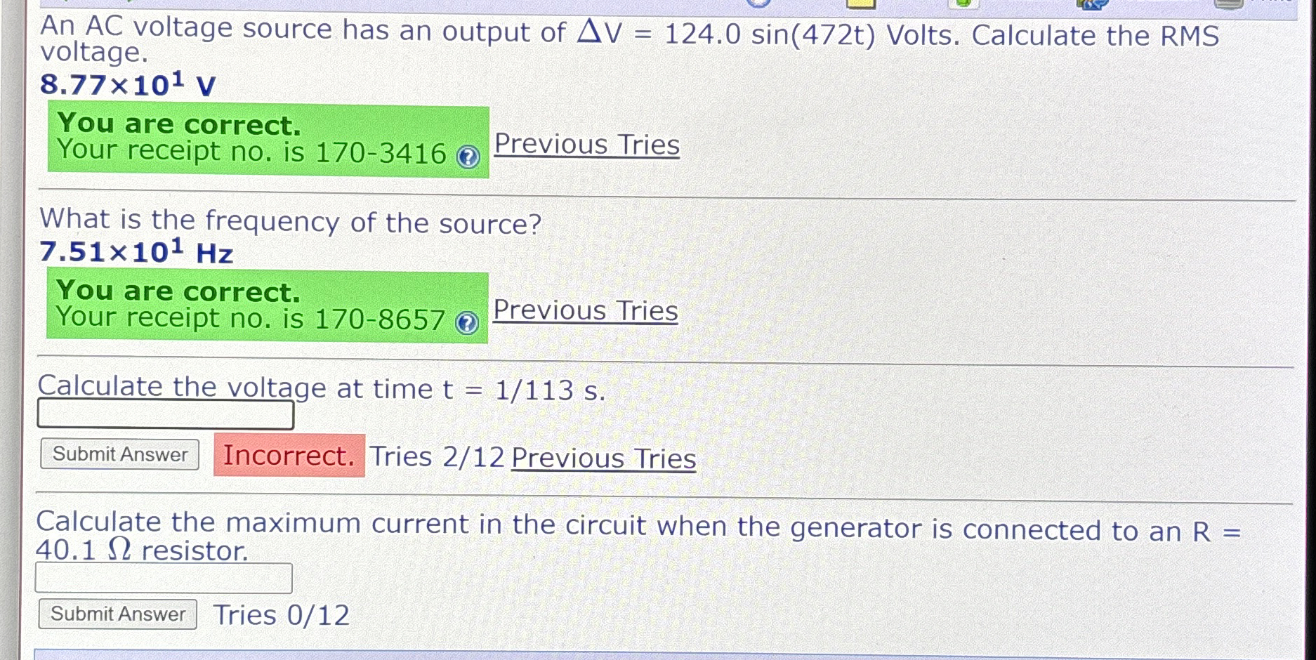Solved An AC voltage source has an output of | Chegg.com