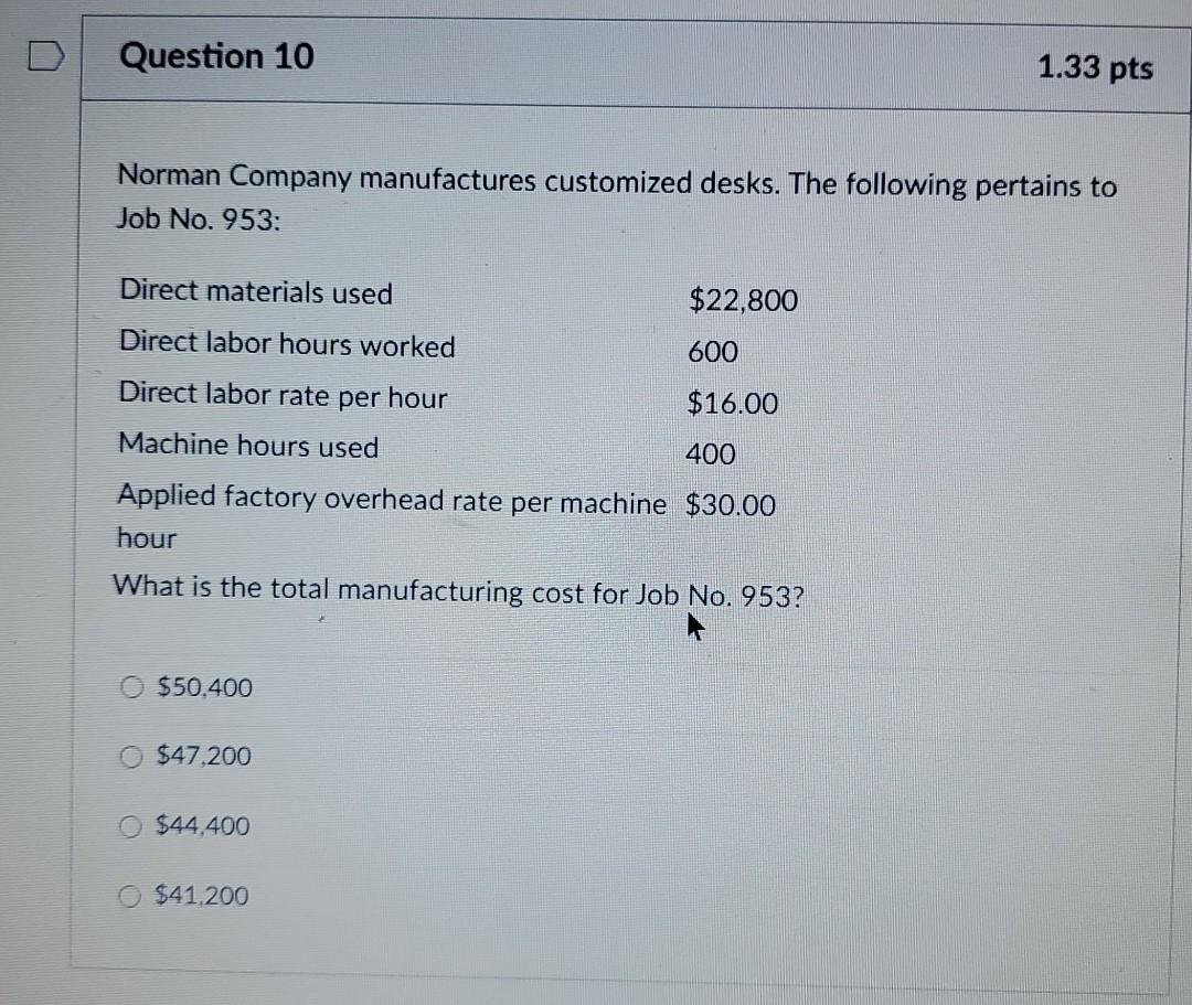 Solved D Question 10 1.33 pts Norman Company manufactures