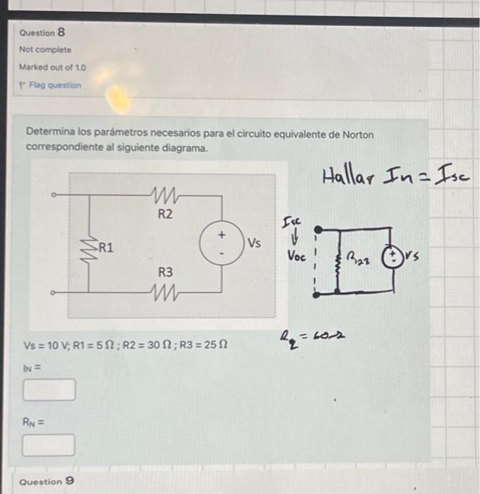 Determina los parámetros necesarios para el circuito equivalente de Norton correspondiente al siguiente diagrama. Hallar \( I