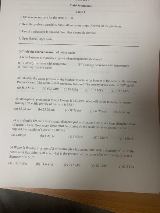 Solved Fluid Mechanics Exam 1. The Maximum Score For The | Chegg.com