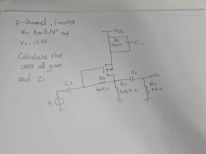 Solved p-channel, Emosfet K=1 mA/V2 and V1=−1.5 V Calculate | Chegg.com