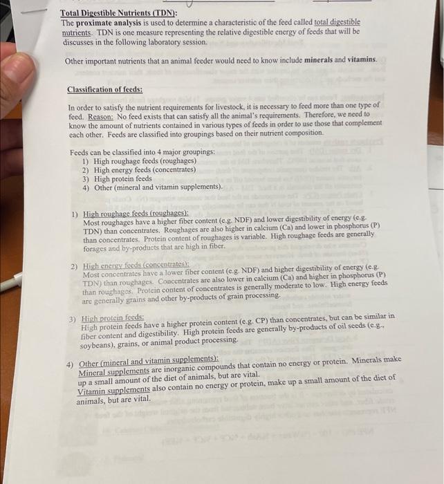Total Digestible Nutrients (TDN) The proximate