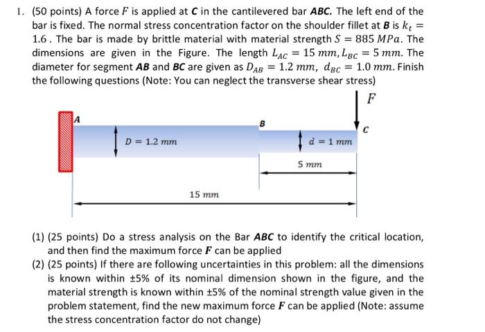 Solved 1. (50 Points) A Force F Is Applied At C In The | Chegg.com