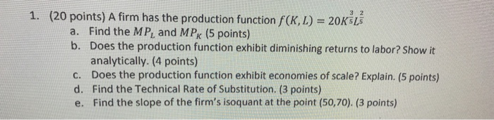 Solved 1. (20 points) A firm has the production function | Chegg.com
