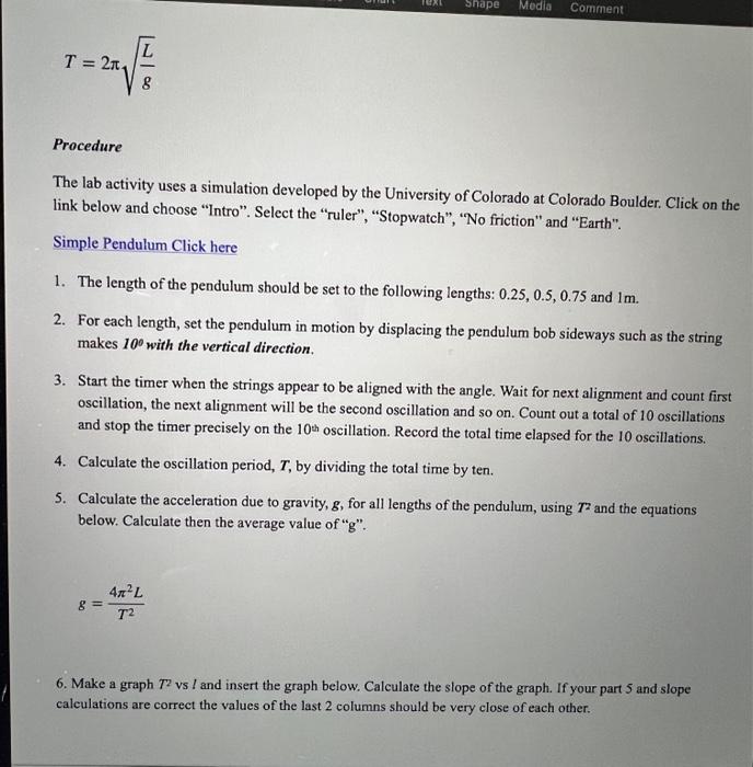 Solved T=2πgL Procedure The lab activity uses a simulation | Chegg.com