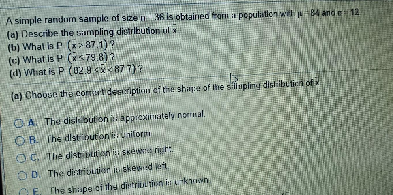 Solved A simple random sample of size n= 36 is obtained from | Chegg.com