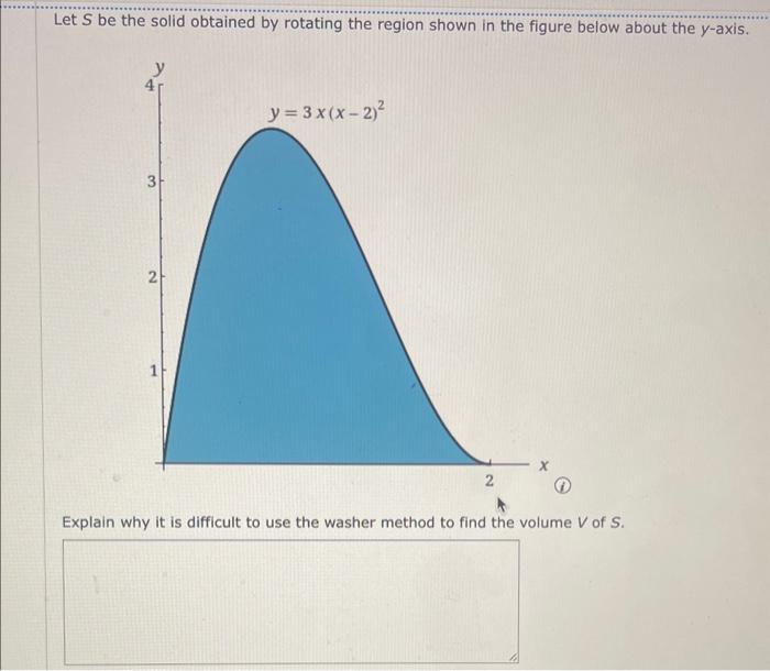 Let \( S \) be the solid obtained by rotating the region shown in the figure below about the \( y \)-axis.
Explain why it is 