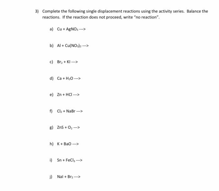 Solved 3) Complete the following single displacement | Chegg.com