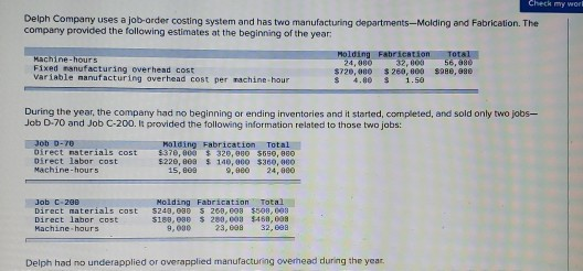 Solved Check My Worl Delph Company Uses A Job Order Costi Chegg Com