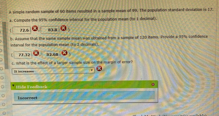 Solved A simple random sample of 60 items resulted in a | Chegg.com