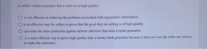 Solved A seller's verbal assurance that a used car is high | Chegg.com