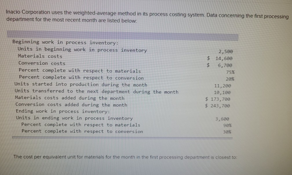 Solved Inacio Corporation uses the weighted average method | Chegg.com