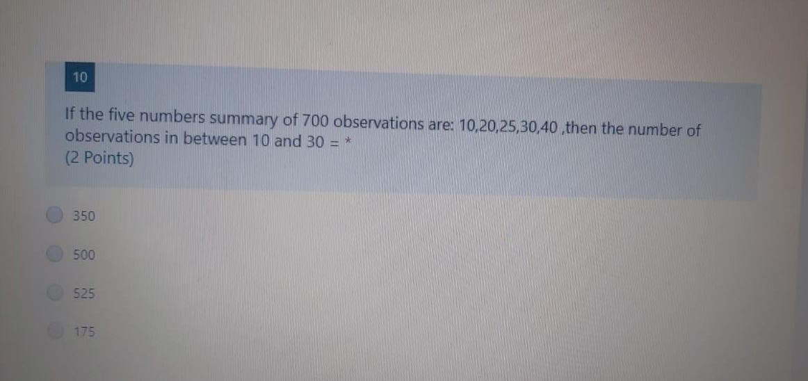 Solved 10 If the five numbers summary of 700 observations | Chegg.com