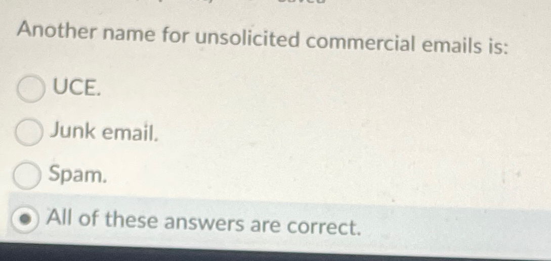 Solved Another name for unsolicited commercial emails | Chegg.com