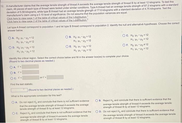 Solved 12. A manufacturer claims that the average tensile | Chegg.com