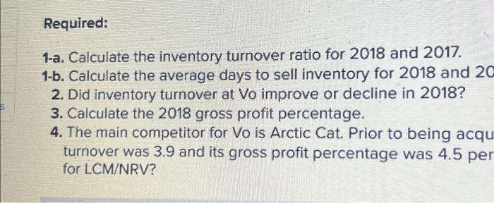 Solved Required: 1-a. Calculate the inventory turnover ratio | Chegg.com