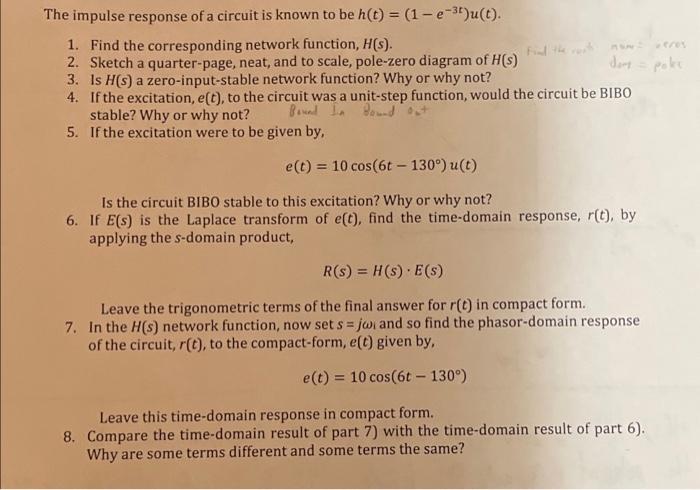 Solved The impulse response of a circuit is known to be h(t) | Chegg.com