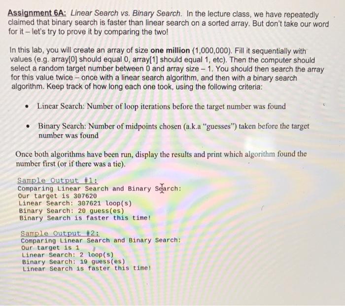 Solved Assignment 6A: Linear Search vs. Binary Search. In | Chegg.com