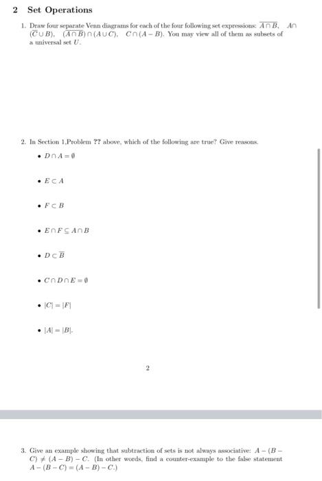 Solved 2 Set Operations 1. Draw four separate Venn diagrams | Chegg.com