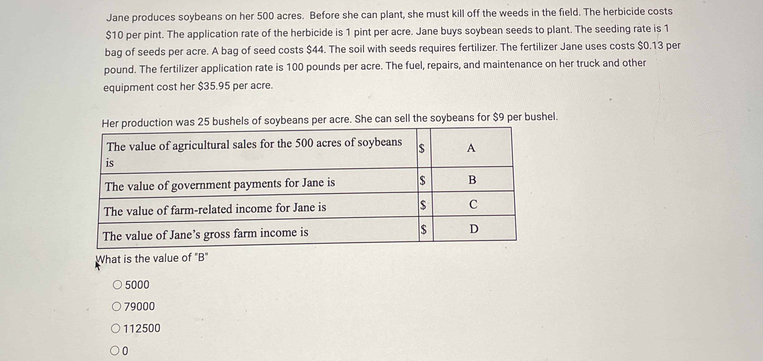 Solved Jane produces soybeans on her 500 ﻿acres. Before she