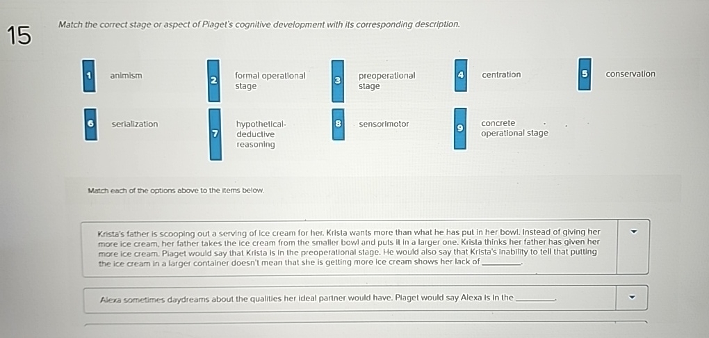 Solved 15 Match the correct stage or aspect of Piaget s Chegg