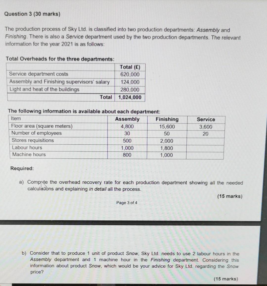 Solved Question 3 (30 marks) The production process of Sky | Chegg.com