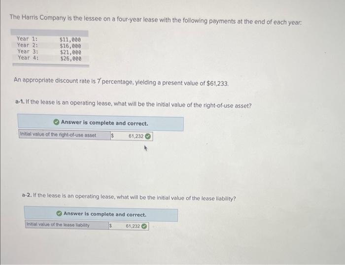 Solved The Harris Company is the lessee on a four-year lease | Chegg.com