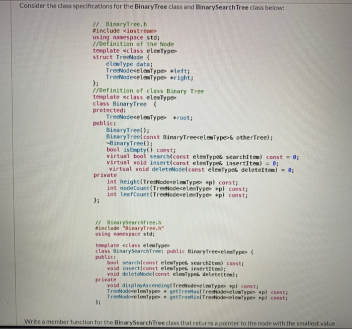 Solved Consider the class specifications for the Binary Tree | Chegg.com