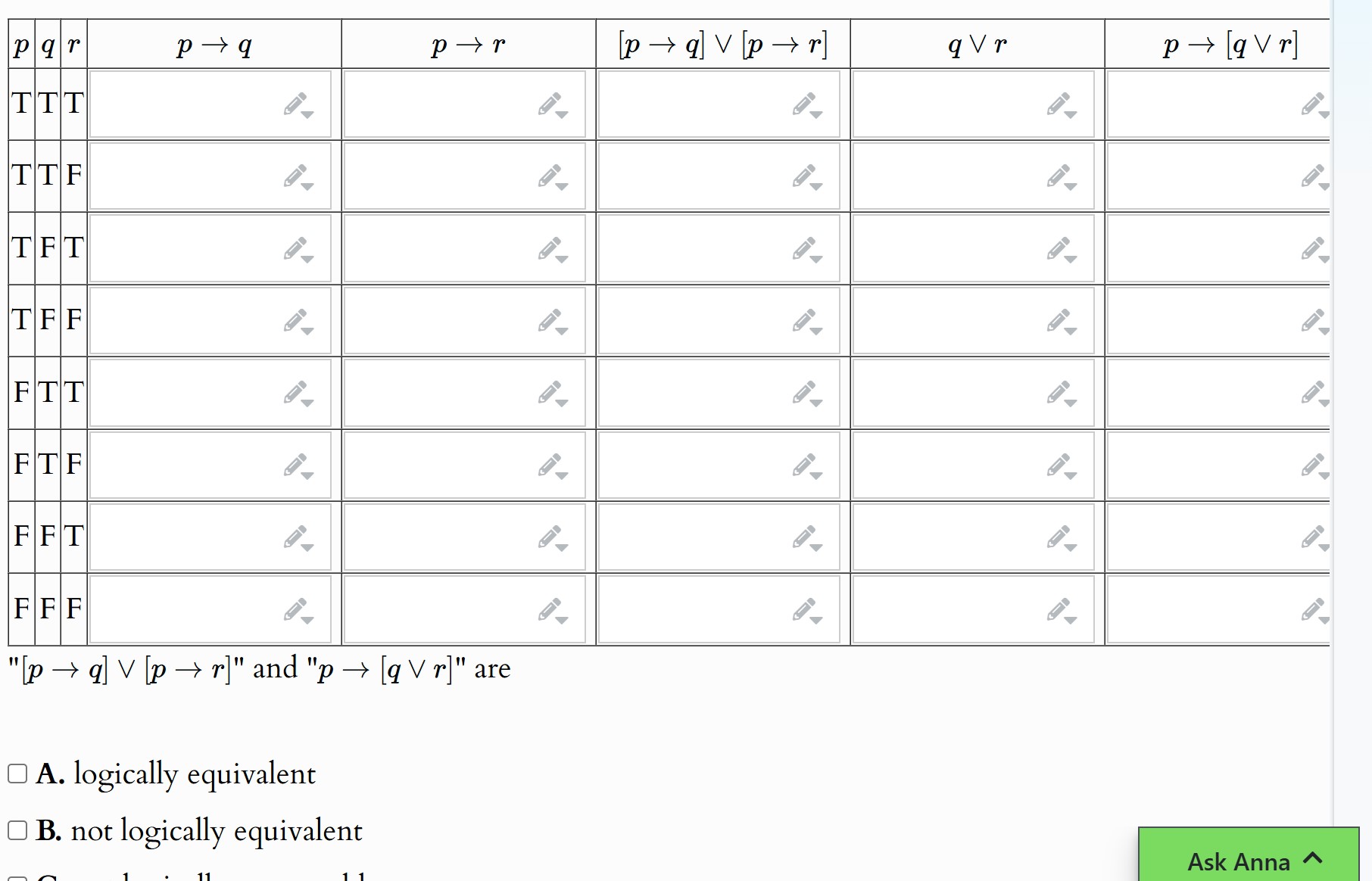 Solved [p ﻿rarr q]vv[p ﻿rarr r] 
