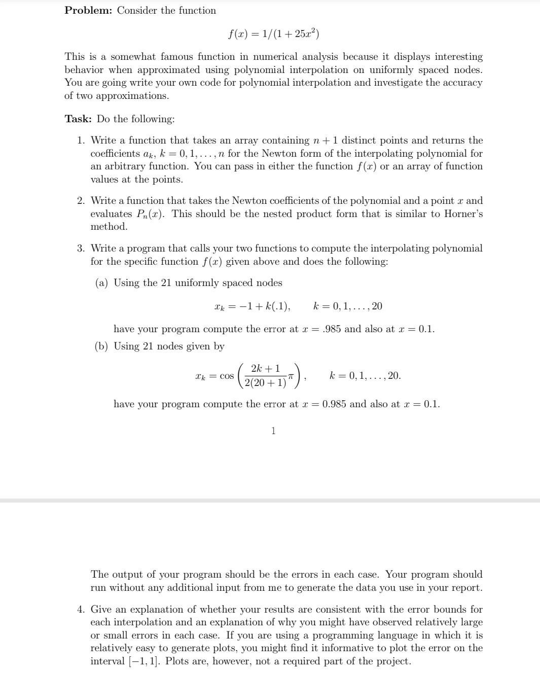 Solved Problem: Consider the function f(x) = 1/(1+ 25x2) | Chegg.com