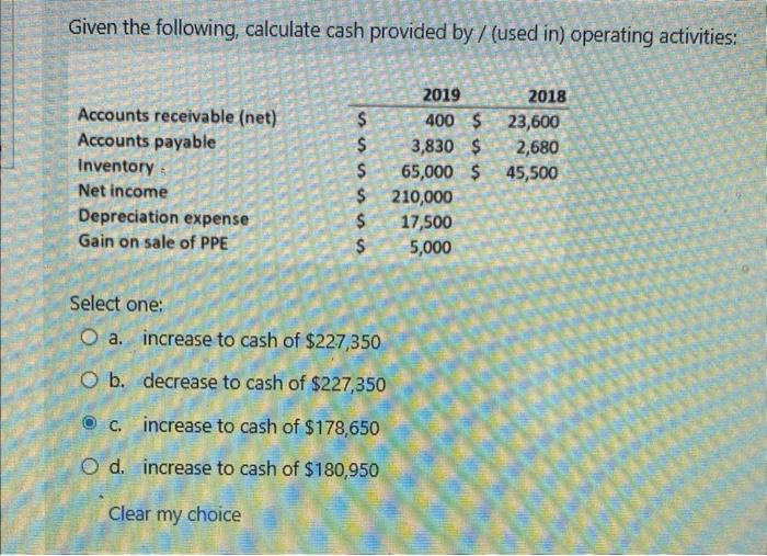 Solved Given the following, calculate cash provided by / | Chegg.com