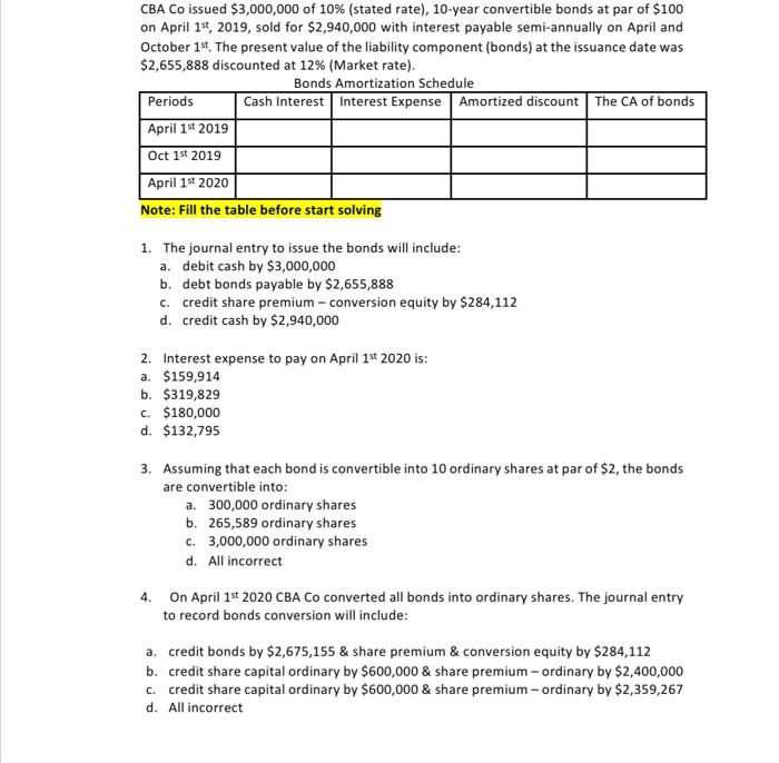 Solved CBA Co issued $3,000,000 of 10% (stated rate), 10 | Chegg.com