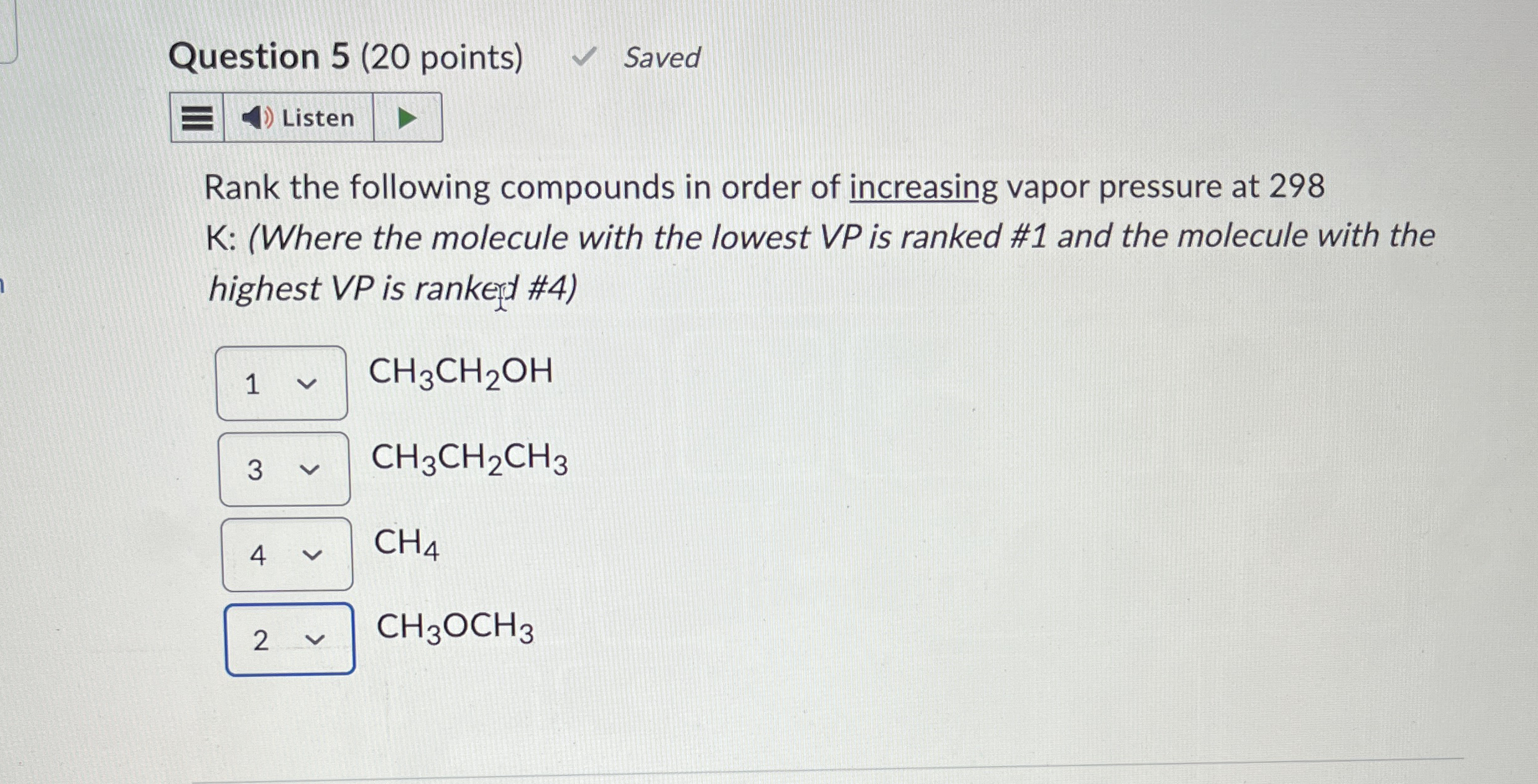 Solved Question 5 (20 ﻿points) ﻿SavedListenRank the | Chegg.com