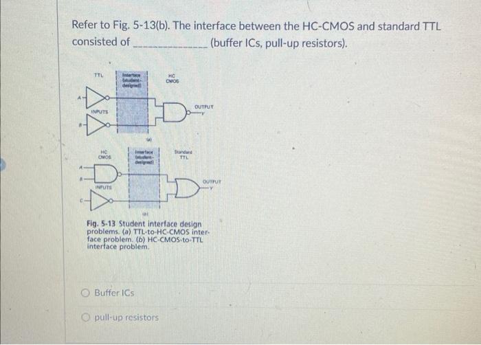 Refer to Fig. 5-13(b). The interface between the HC-CMOS and standard TTL consisted of (buffer ICs, pull-up resistors).
Fig. 