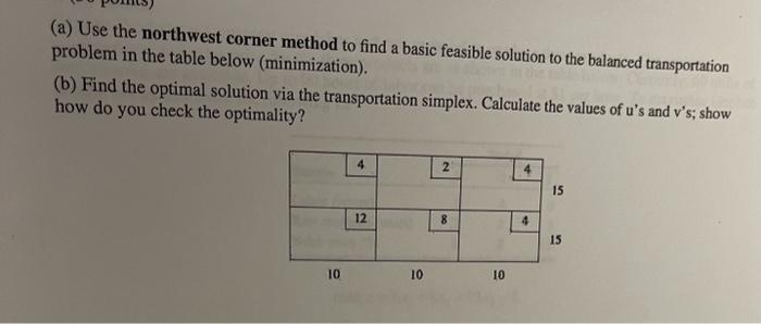 Solved (a) Use the northwest corner method to find a basic | Chegg.com