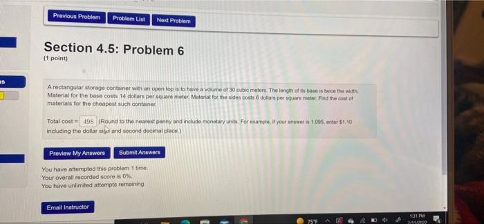 Solved Previous Problem Problem List Next Problem Section | Chegg.com