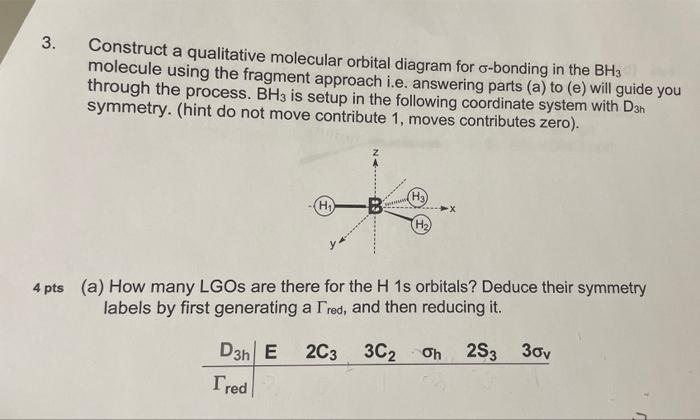 Construct a qualitative molecular orbital diagram for \( \sigma \)-bonding in the \( \mathrm{BH}_{3} \) molecule using the fr