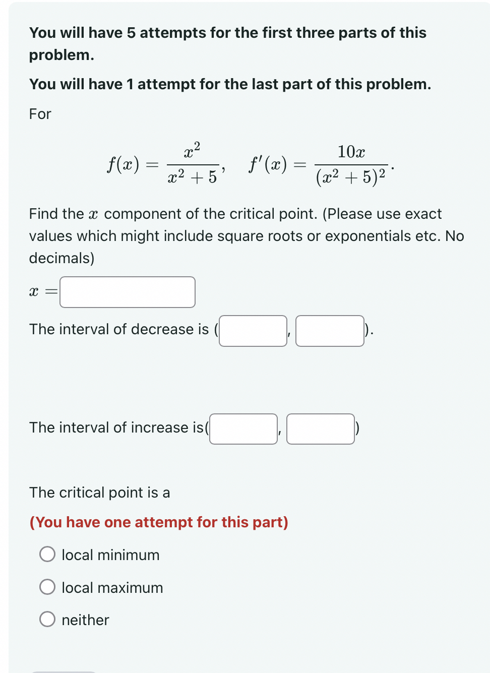 Solved You will have 5 ﻿attempts for the first three parts | Chegg.com
