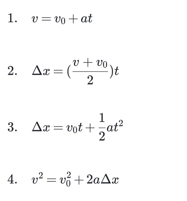 Solved 1. υ = υο + at 2. Δα = (1 ή 2): 3. Δα = Uot + at? 4. | Chegg.com
