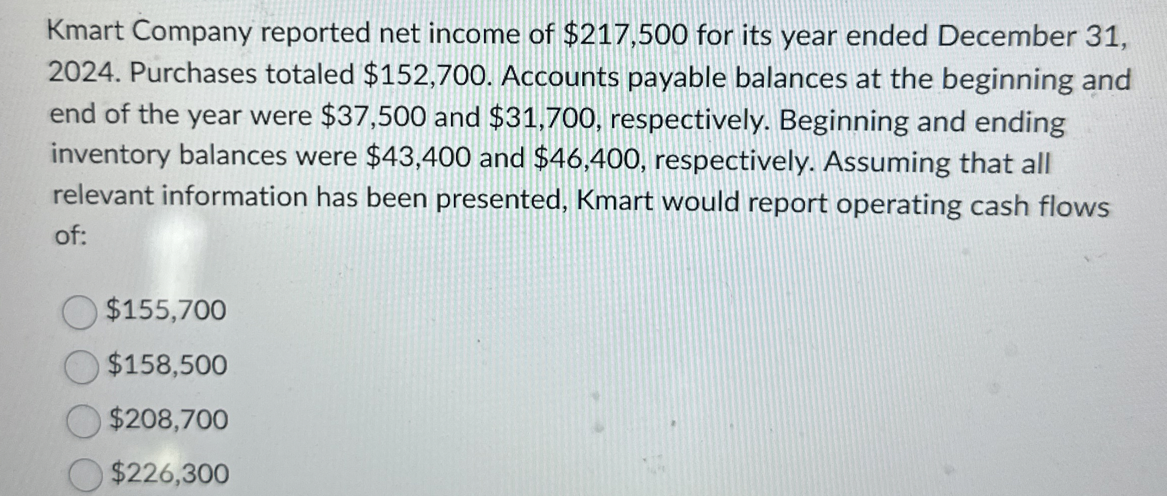 Solved Kmart Company reported net income of $217,500 ﻿for | Chegg.com